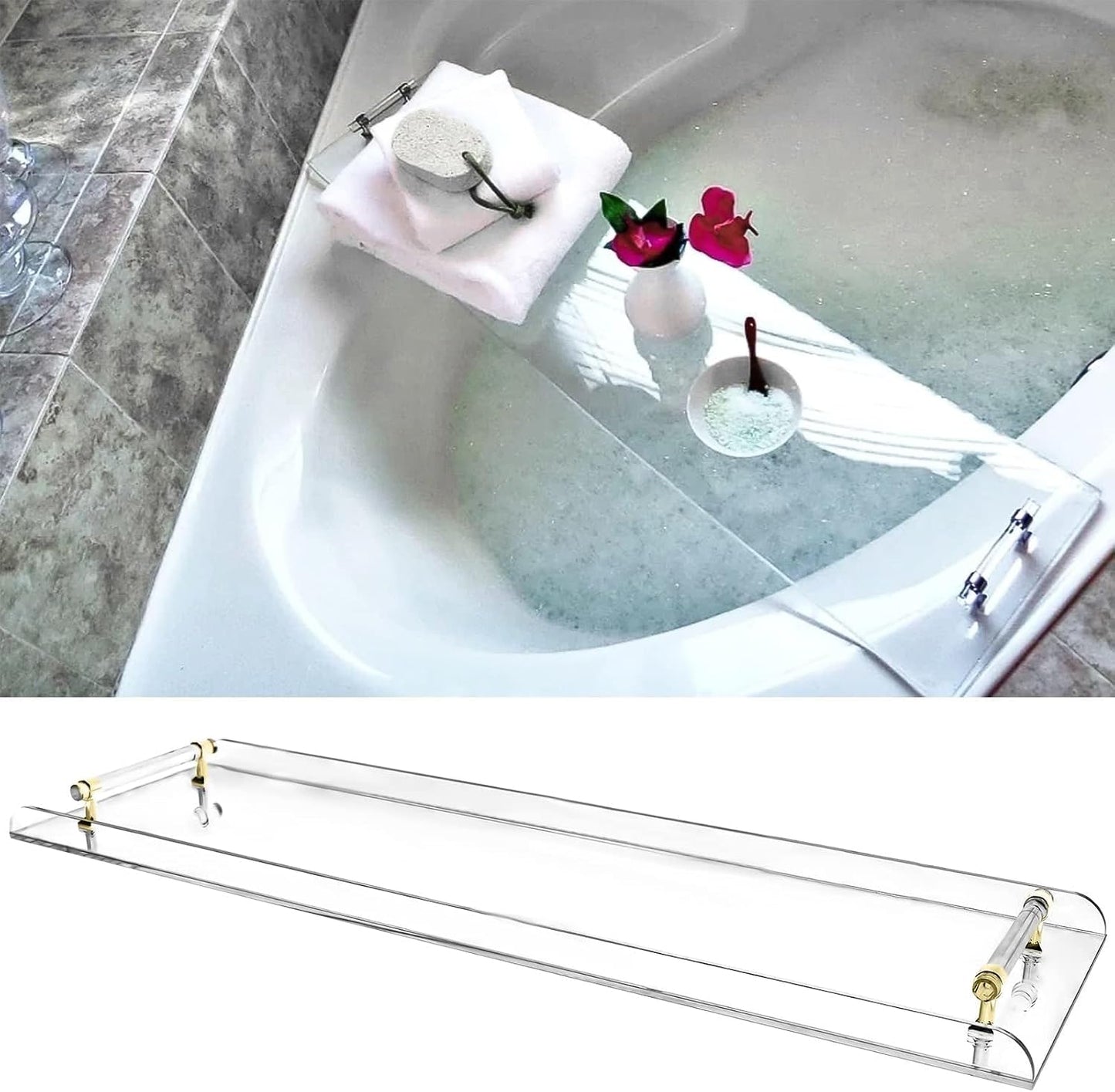 Acrylic Bathtub Caddy Tray Bathroom Rack, Clear Bath Shelf Table with Gold Handle, No-Assembly Bathtub Towel Tray, for Bathroom