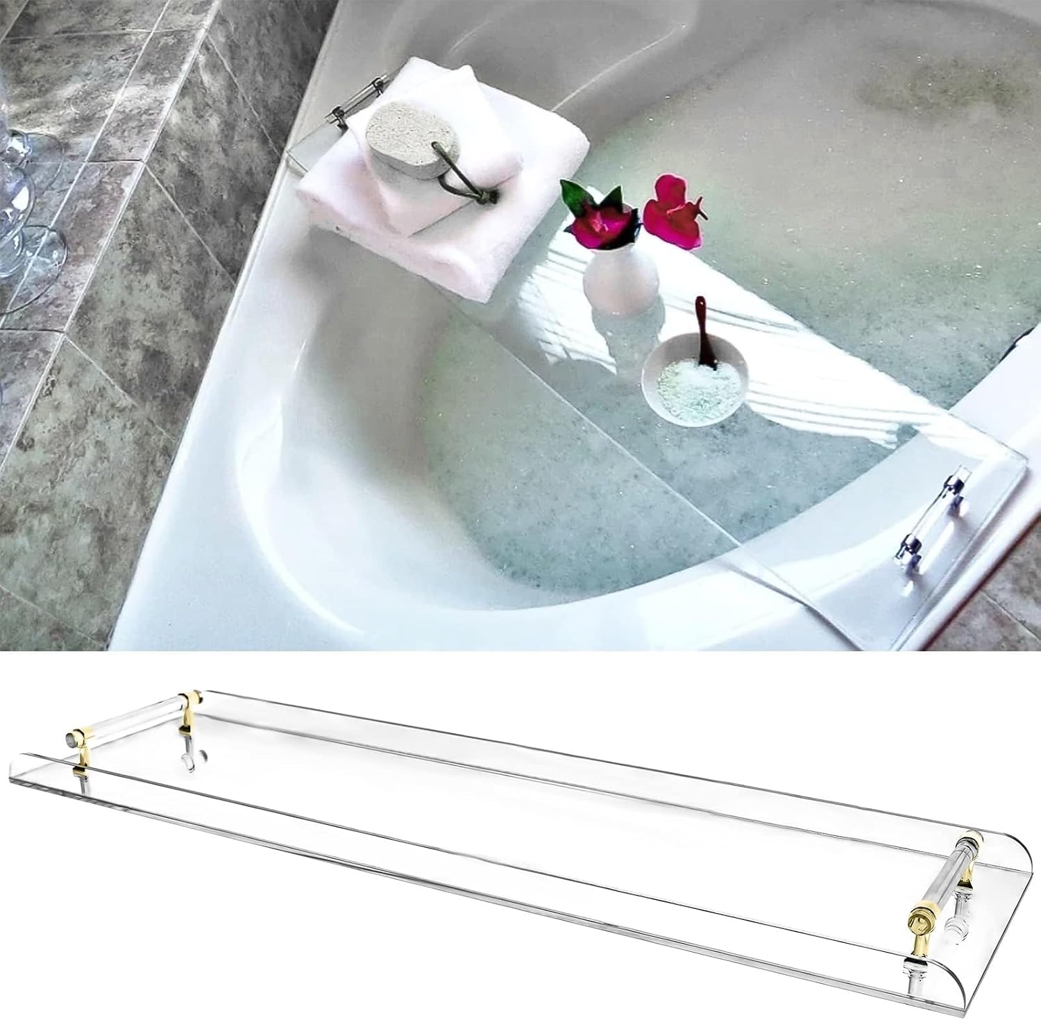 Acrylic Bathtub Caddy Tray Bathroom Rack, Clear Bath Shelf Table with Gold Handle, No-Assembly Bathtub Towel Tray, for Bathroom