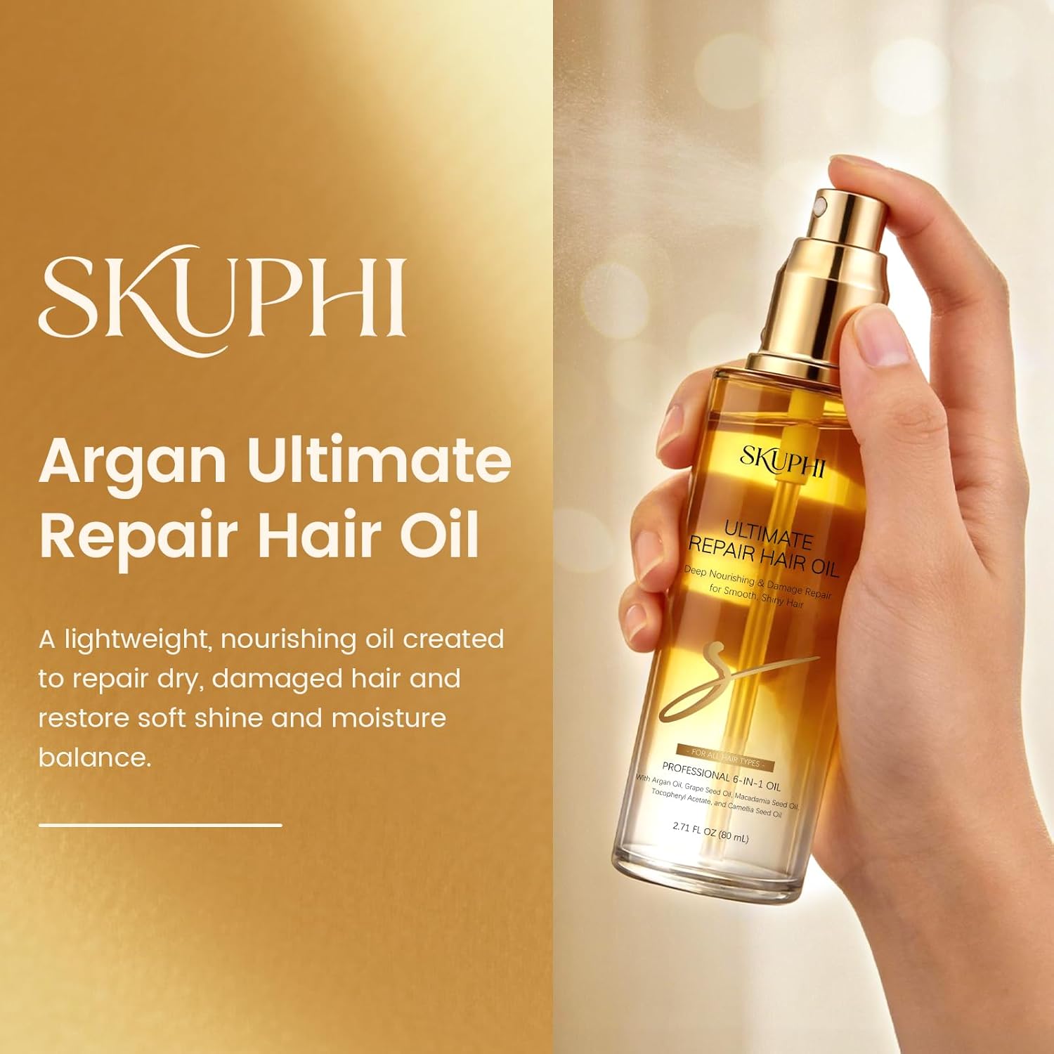 Hair Oil Spray Argan Oil of Morocco for Hair Healing Cold-Pressed Moroccan Argan Oil Serum Mist for Dry Damaged Frizzy Curly Hair Nourishing Treatment Heat Protector 80ml/2.7 fl.oz