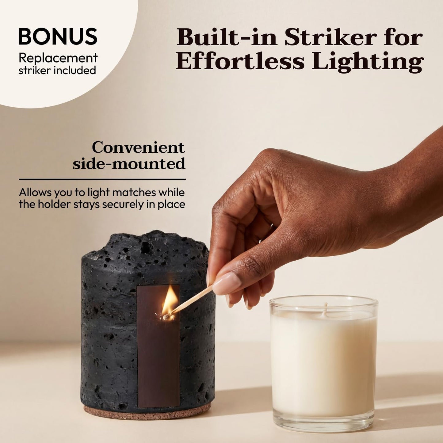 Ceramic Match Holder with Striker - Set of 2 - Handmade Match Box - Matches in a Jar for Bathroom Candle -Black 10 Extra Striker Pads - Modern Bathroom & Home Decor Gift - Matte Black & Speckled White