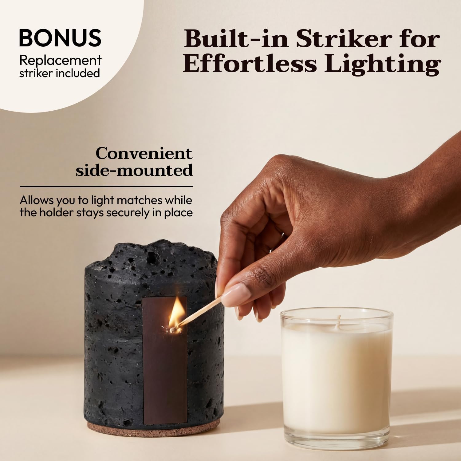 Ceramic Match Holder with Striker - Set of 2 - Handmade Match Box - Matches in a Jar for Bathroom Candle -Black 10 Extra Striker Pads - Modern Bathroom & Home Decor Gift - Matte Black & Speckled White