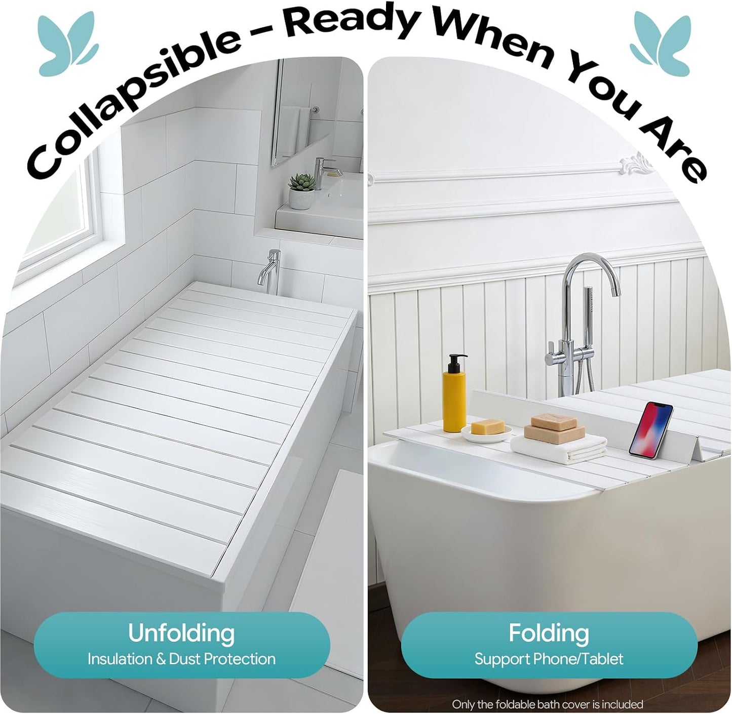 Foldable Bathtub Cover, Waterproof PVC Insulated Bathtub Tray & Bath Lid, Dust Proof Bathtub Board for Heat Retention, Fit Most Standard Tubs for Bathroom Shower Spa Experience (White, 63x31in)