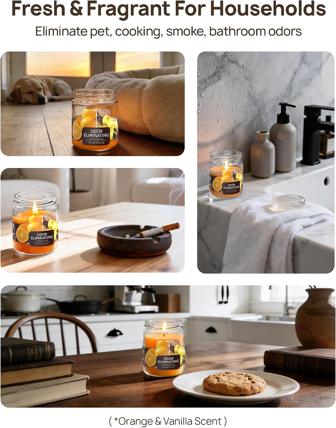 TRINIDa Orange & Vanilla Odor Eliminating Candles for Home Scented, Eliminates 99% of Pet, Smoke, Food and Other Smells Quickly, Highly Fragranced Candle, Premium Soy Candles Set for Women