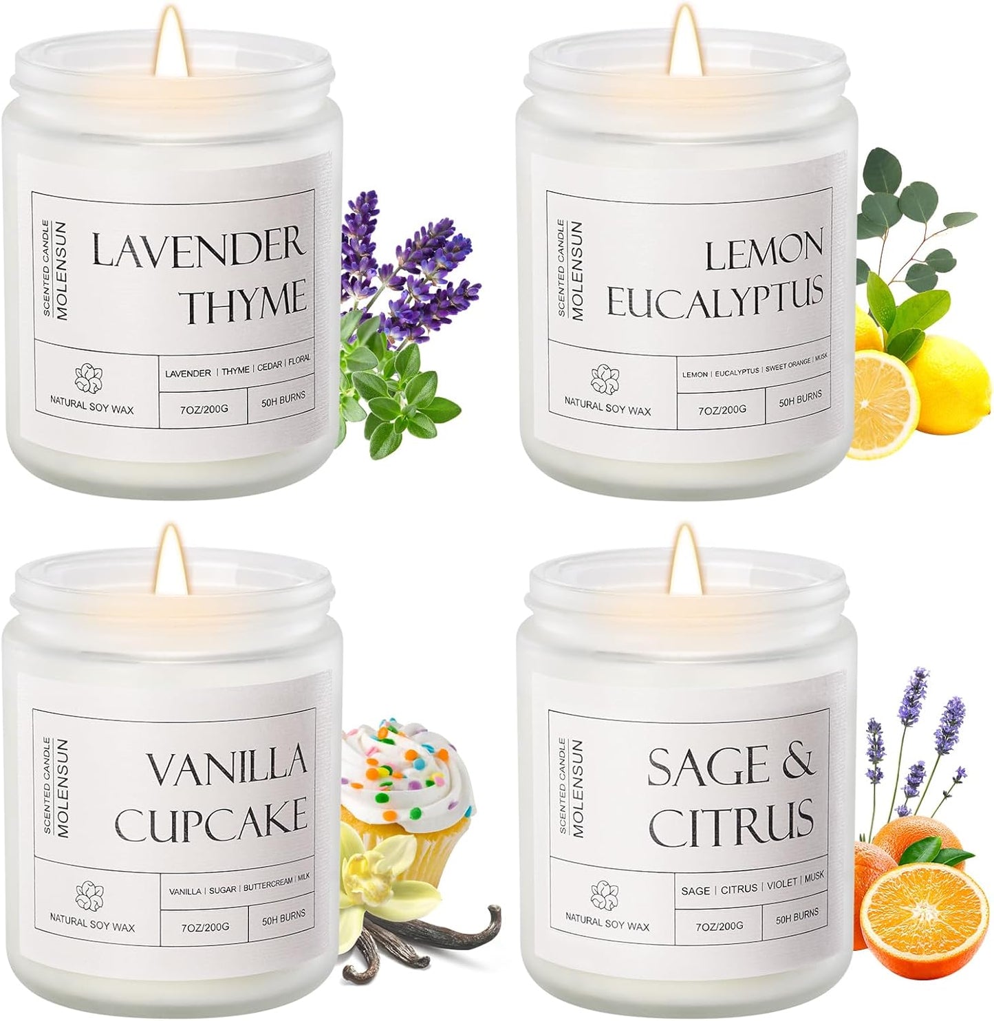 Molensun 4 Pack Candles for Home Scented, 28 oz Long Lasting Candles, Soy Candle Set Gift for Women - Lavender Thyme/Lemon Eucalyptus/Sage &Citrus/Vanilla Cupcake