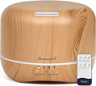 Homeweeks 300ml Essential Oil Diffuser, Quiet Aromatherapy Mist Diffusers for Essential Oils, Wood Grain, Ultrasonic, Remote Control, Timer, 7 Colors Light for Bedroom (300ml Yellow Wood Grain)