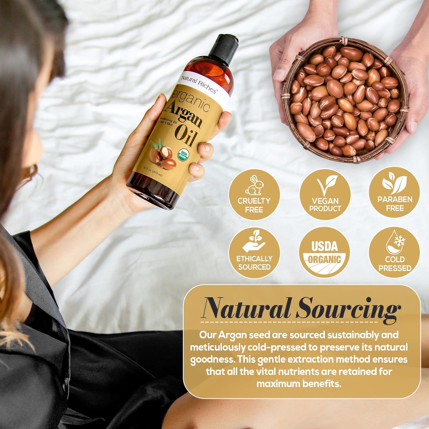 Natural Riches Organic Argan Oil of Morocco 16oz Penetrating Hair oil Deep Moisturizing Serum for Dry, Damaged & Coarse Hair pure Moroccanoil Cold Pressed for Hair, Face and Body
