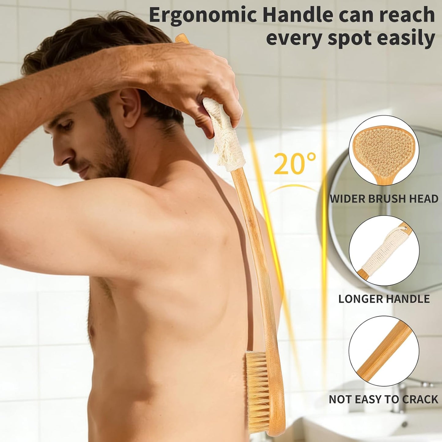 Long Handle Bath Brush-Back Scrubber for Shower, Exfoliating Body Brush with Bristles for Wet & Dry Brushing, Shower Brush for Men & Women