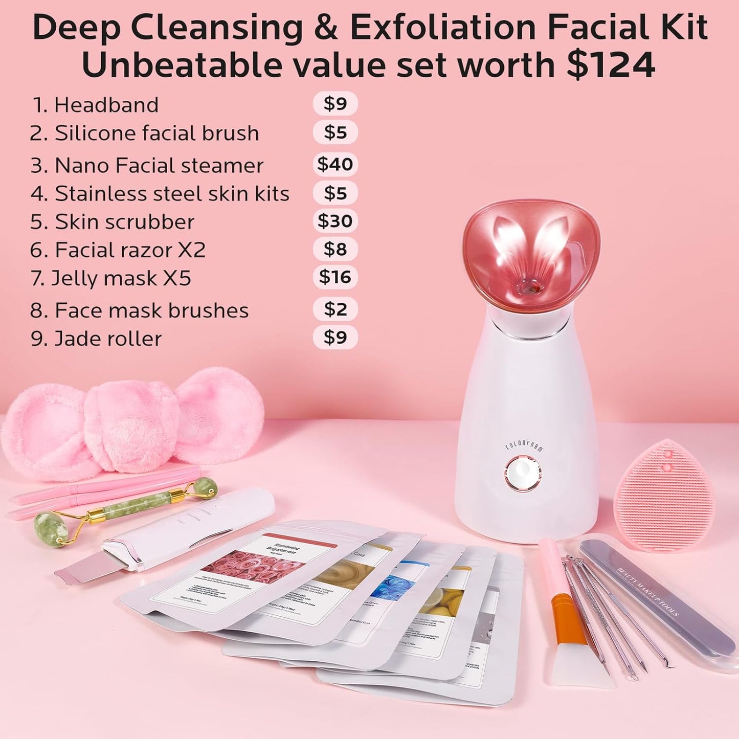 Colorfarm Facial Steamer Spa Kit: Nano Ionic Face Steamer for Facial Deep Cleansing - Home Spa Skincare Set with 17 Skin Care Tools Self Care Gifts for Women