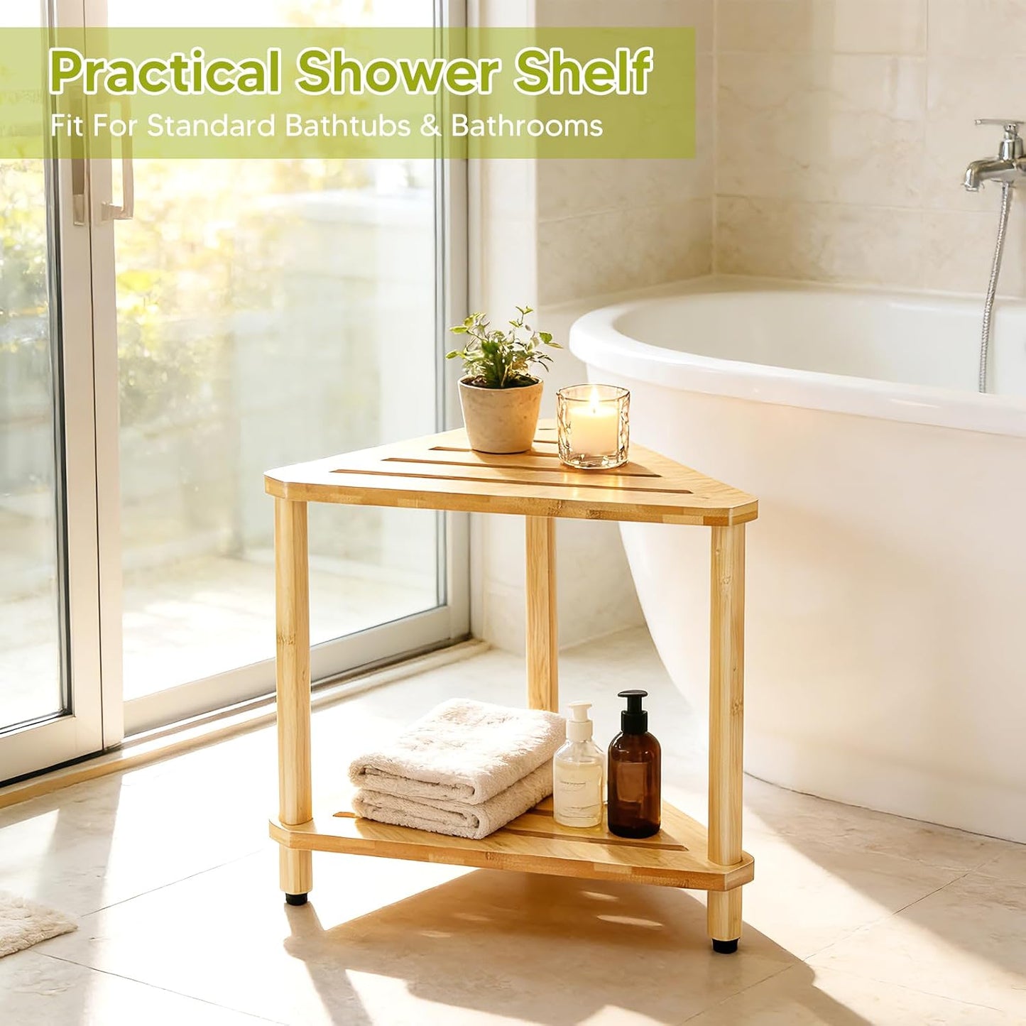 Bamboo Corner Shower Stool with Soap Dish, Waterproof Bath Bench Seat for Shaving Legs Inside Shower, 2-Tier Height Adjustable Foot Rest with Storage Shelf, Corner Bench for Women
