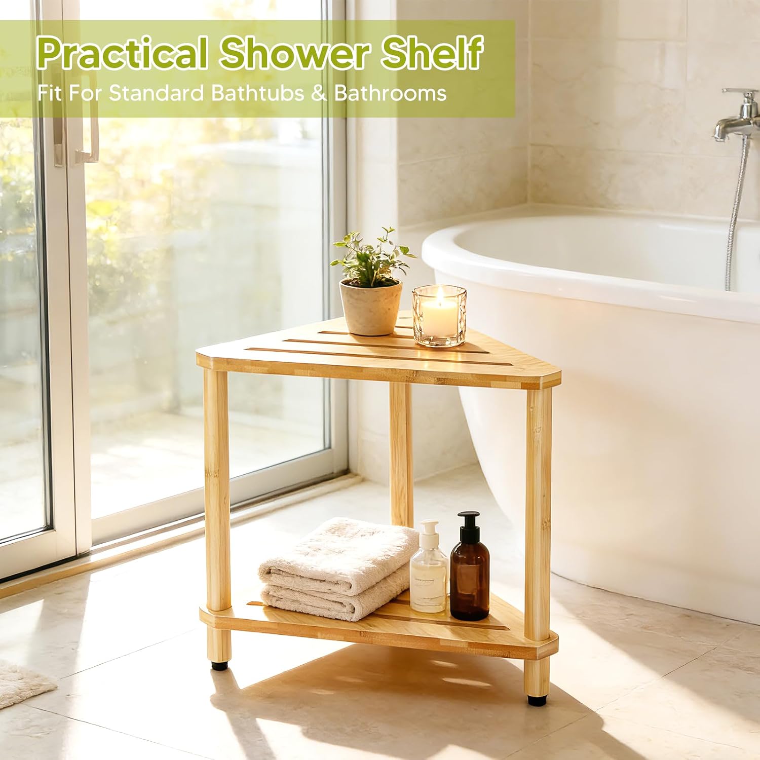 Bamboo Corner Shower Stool with Soap Dish, Waterproof Bath Bench Seat for Shaving Legs Inside Shower, 2-Tier Height Adjustable Foot Rest with Storage Shelf, Corner Bench for Women