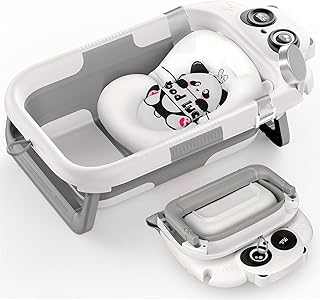 Foldable Baby Bathtub - 0-24M, Thermometer, Soft Cushion (Grey) | Folds Flat, Portable, Non-Slip Legs, For Newborn to Toddler, Space-Saving Design