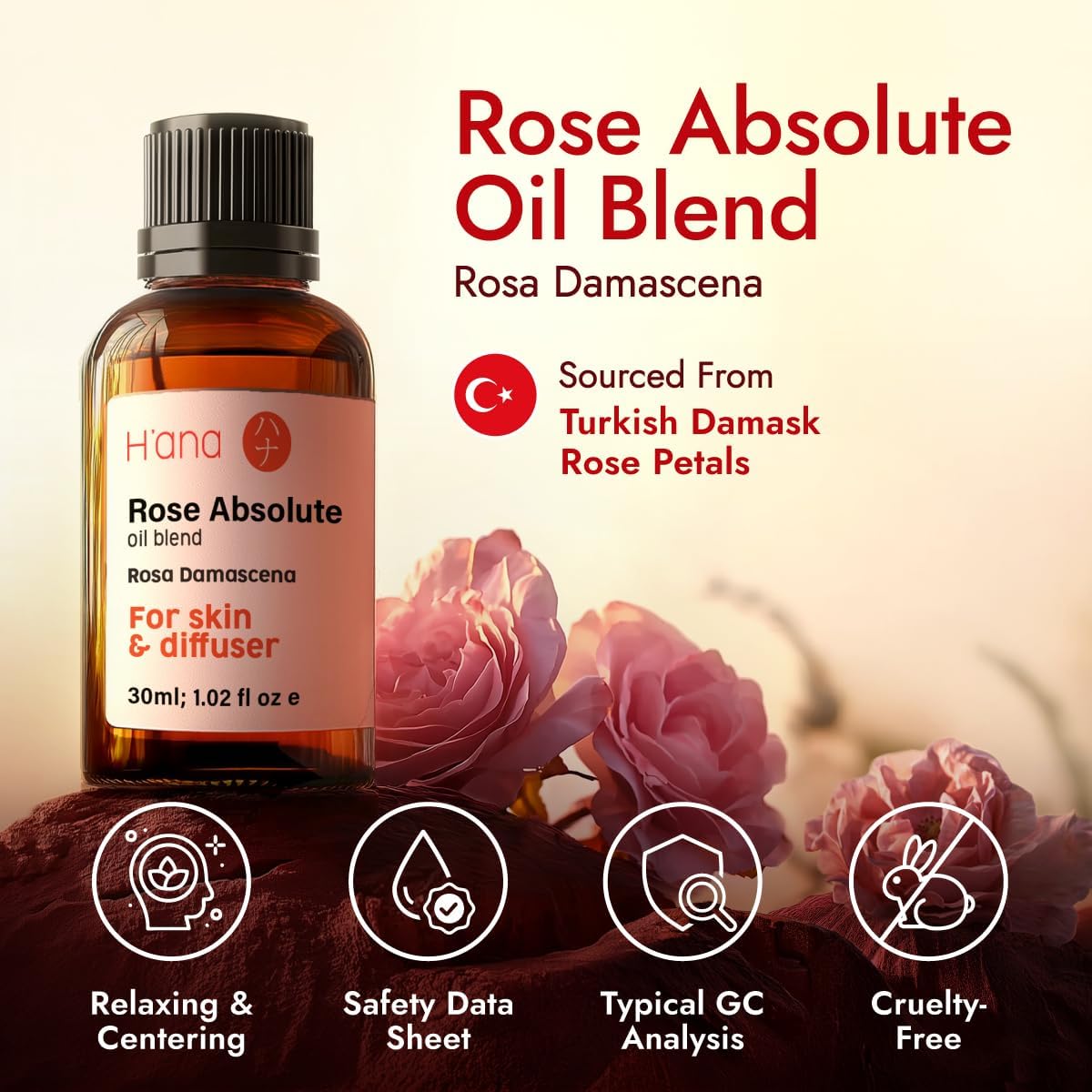 H'ana Rose Oil - 1.02 Fl Oz Rose Essential Oil for Hair, Skin, Diffuser, Aromatherapy & DIY