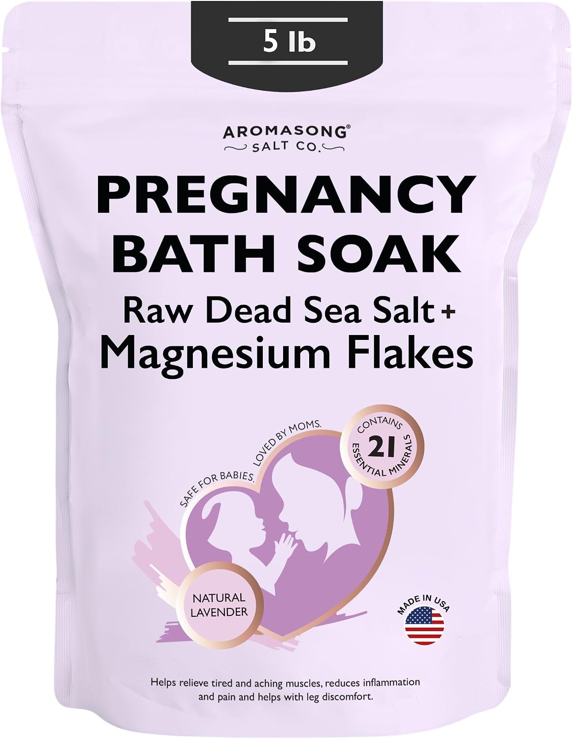 Aromasong Dead Sea Pregnancy Bath Soak 5 LB - Natural Lavender Pure Magnesium Flakes & Minerals - Pregnancy, Postpartum Muscle Ache & Leg Discomfort - Better Absorbs Than Epsom (Packaging May Vary)