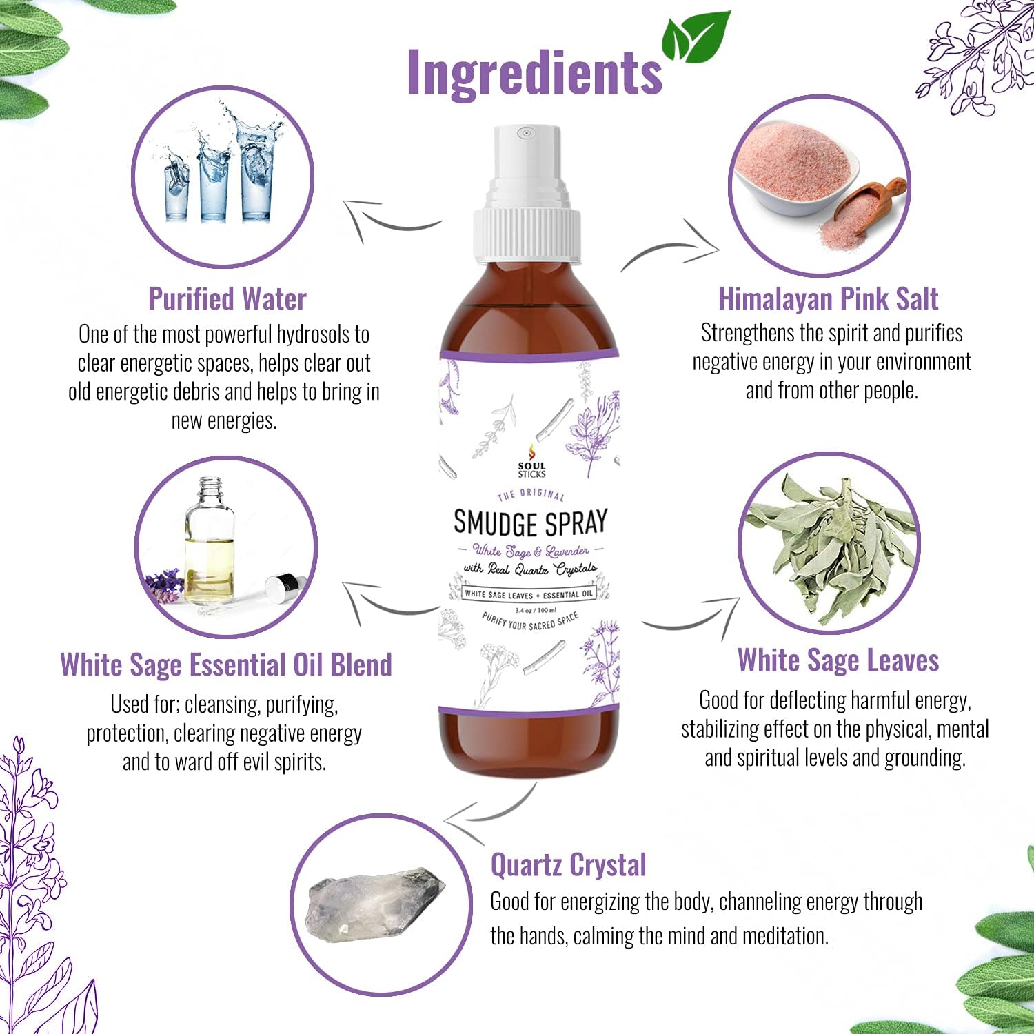 SOUL STICKS White Sage & Lavender Smudge Spray – 3.5oz Smokeless Mist with Quartz Crystals – Calming Essential Oil Spray for Sleep, Stress Relief, Meditation, and Energy Cleansing