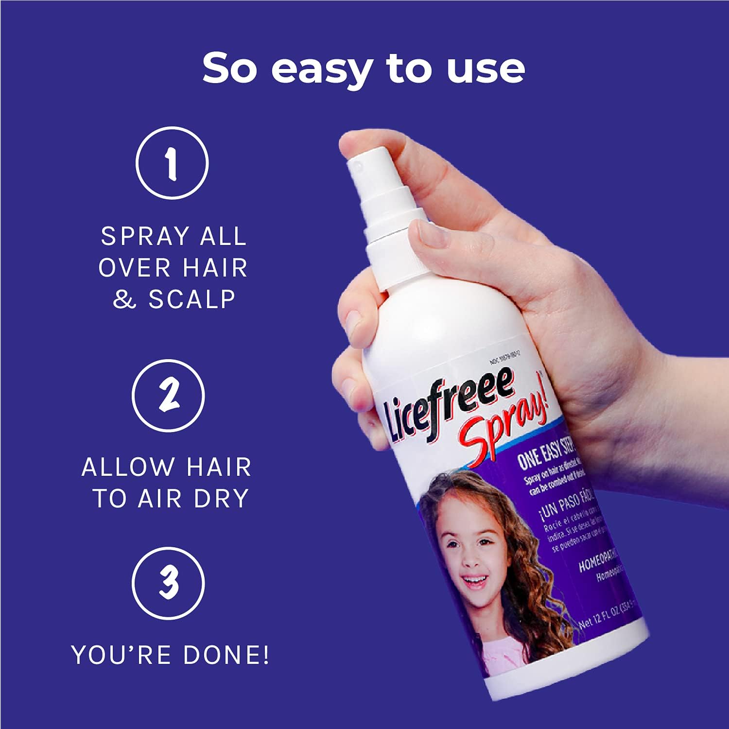 Licefreee Spray Family Size Lice Treatment for Kids & Adults, Easy Use Lice Spray Kills Head Lice, Eggs, Super Lice on Contact, Includes Metal Lice Comb, Multiple Treatments, 12 oz