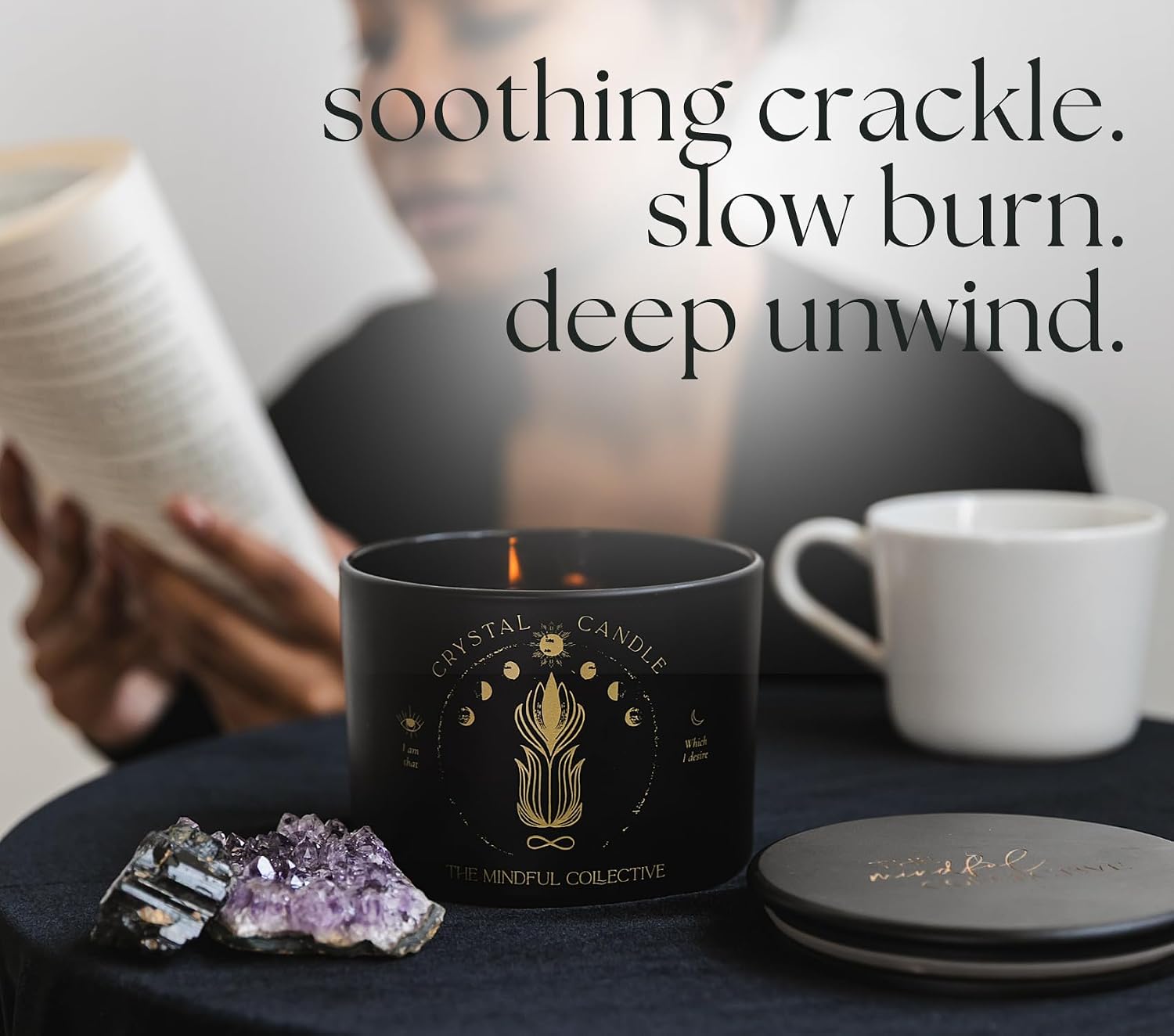 Large Candles for Women - 12oz Soy Wood Wick Candles that Crackle with Crystals and Healing Stones. Non-Toxic Scented, Luxury Aromatherapy (Crystal Black Candle)