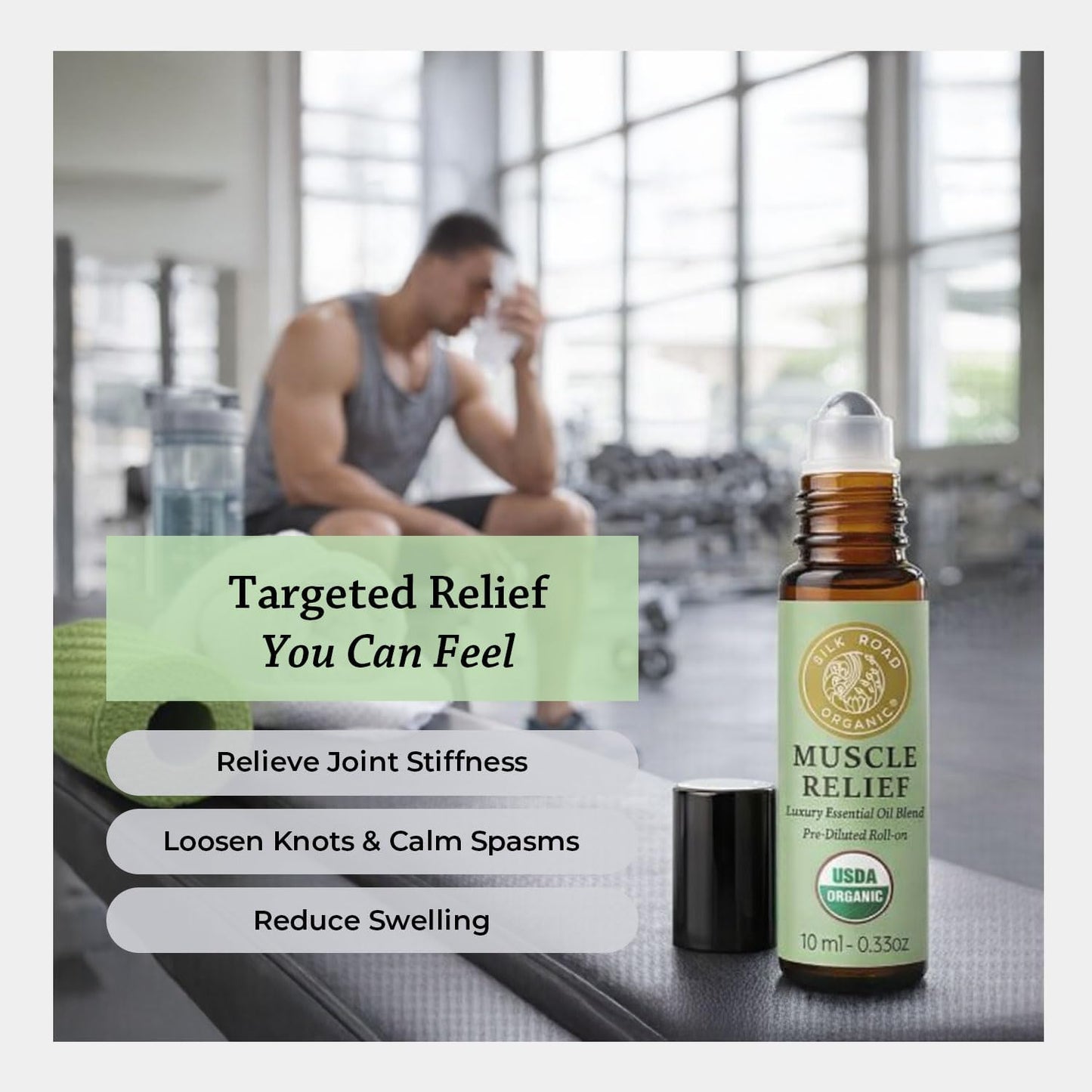 Silk Road Organic Muscle Relief Essential Oil Blend Roll On for Muscle Aches & Stiff Joints | USDA Certified Aromatherapy with Peppermint & Ginger - 10 ml Roller