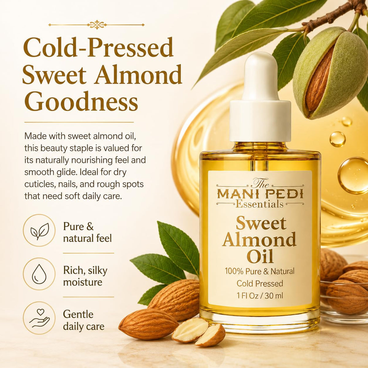 TMPE Sweet Almond Oil, Pure Cold-Pressed Oil for Skin &amp; Hair Care, 1 Fl Oz