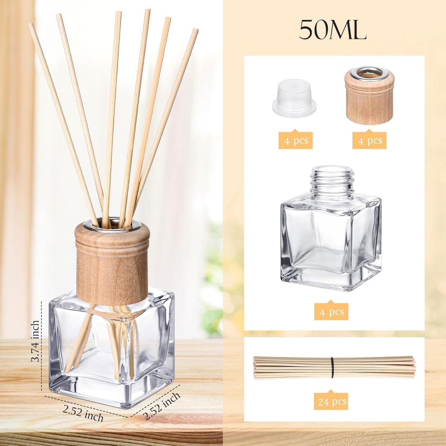 Roshtia 4 Set Reed Diffuser Bottle Empty Refillable Fragrance Glass Diffuser Bottles with Wooden Caps Rattan Sticks 50ml 1.7 oz Glass Jars for DIY Fragrance