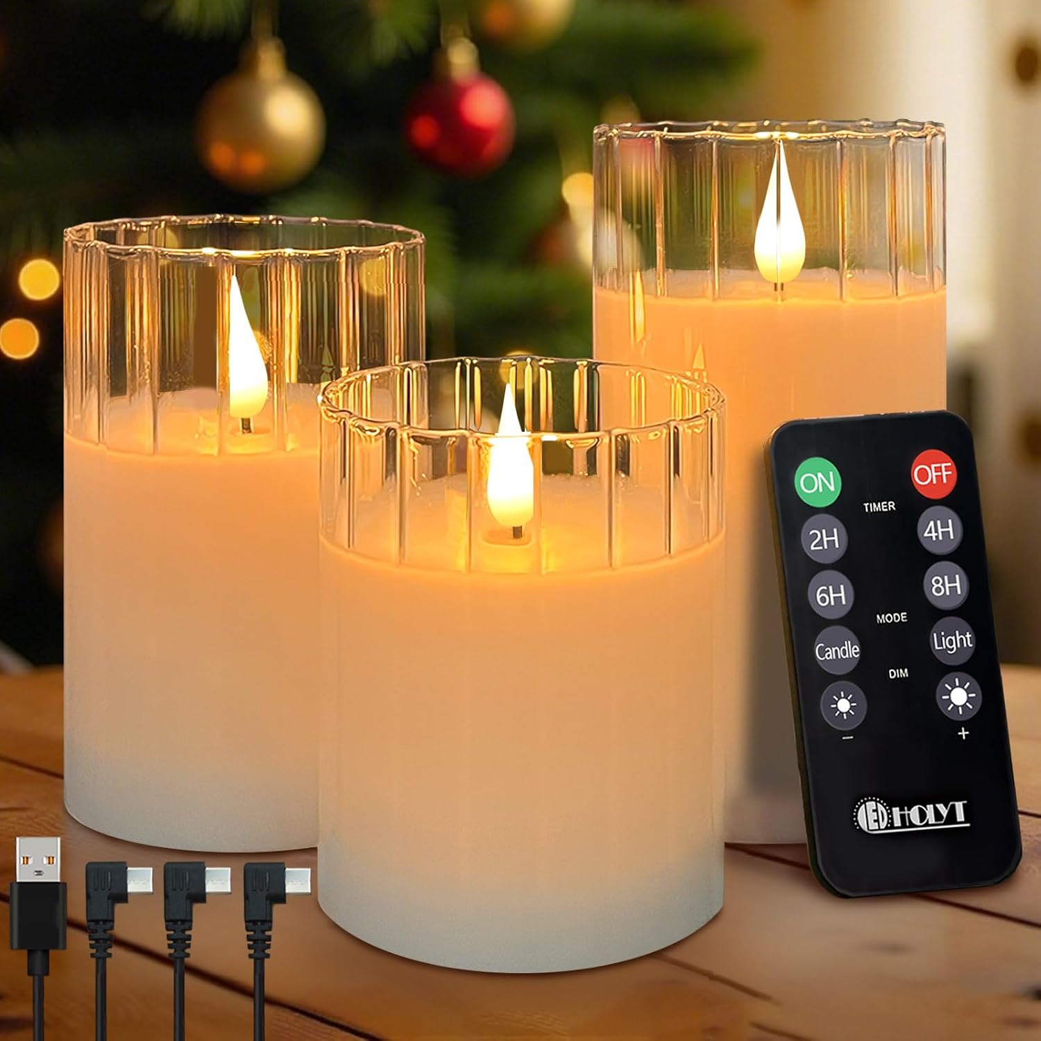 LEDHOLYT Rechargeable Flameless Glass Pillar Candles – Remote & Timer – Set of 3 White Stripes Realistic Flickering LED Light, Ideal for Living Room, Bedroom & Holiday Décor& Gifts for Women