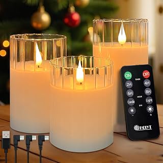 LEDHOLYT Rechargeable Flameless Glass Pillar Candles – Remote & Timer – Set of 3 White Stripes Realistic Flickering LED Light, Ideal for Living Room, Bedroom & Holiday Décor& Gifts for Women