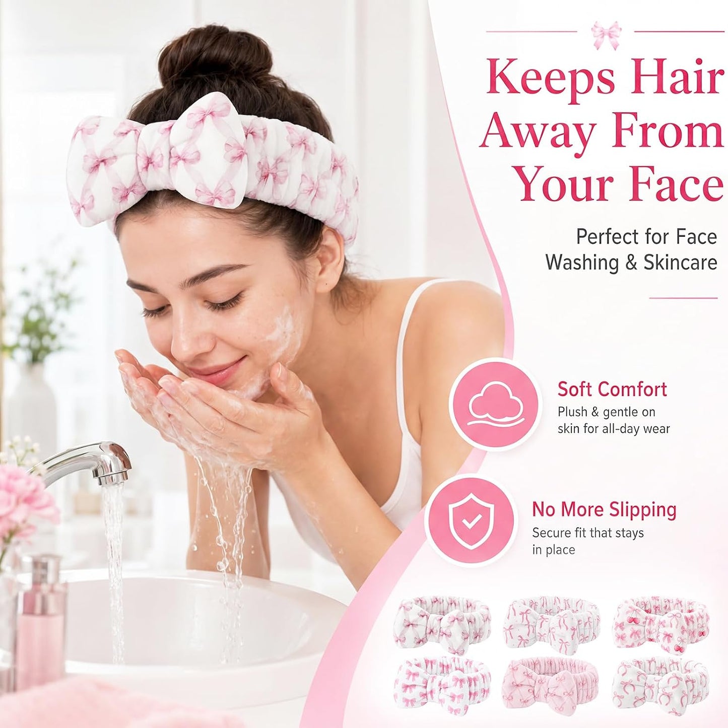 Cuffbow 6 Pcs Pink Bow Spa Headbands for Women Cute Coral Fleece Makeup Headband Set Soft Facial Hair Bands for Washing Face Skincare Shower Spa Party Favors Teen Girls Gifts Daily Use Adults