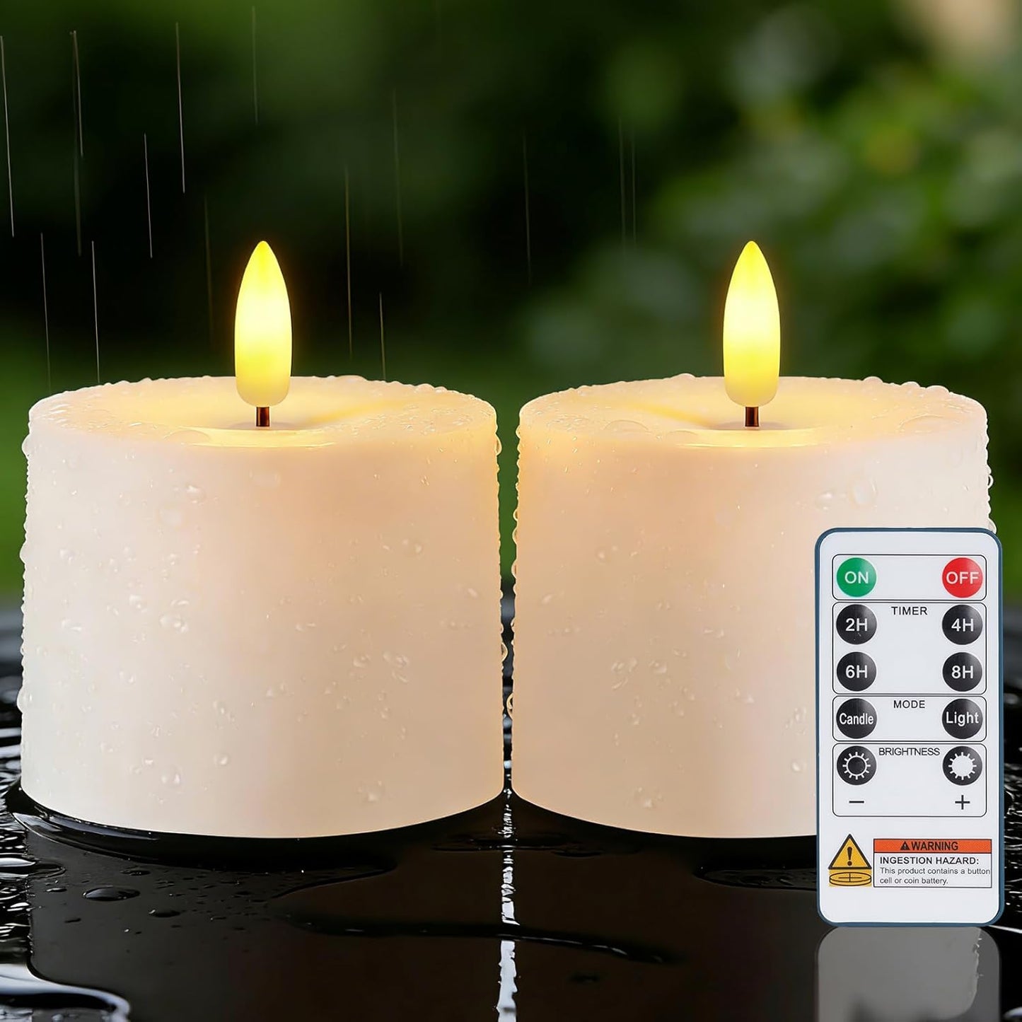 Raycare 3"x2.5" White Outdoor Waterproof Flameless Candles with Remote and Timer, Realistic LED Candles, Battery Operated Electric Fake Pillar Candles for Porch, Patio, Garden, Set of 2