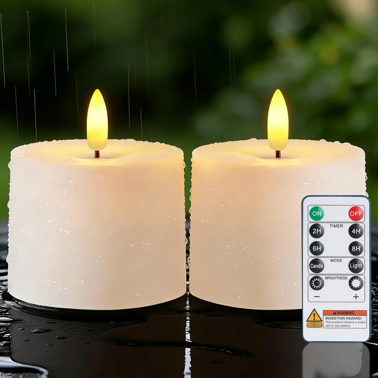 Raycare 3"x2.5" White Outdoor Waterproof Flameless Candles with Remote and Timer, Realistic LED Candles, Battery Operated Electric Fake Pillar Candles for Porch, Patio, Garden, Set of 2