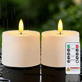 Raycare 3"x2.5" White Outdoor Waterproof Flameless Candles with Remote and Timer, Realistic LED Candles, Battery Operated Electric Fake Pillar Candles for Porch, Patio, Garden, Set of 2