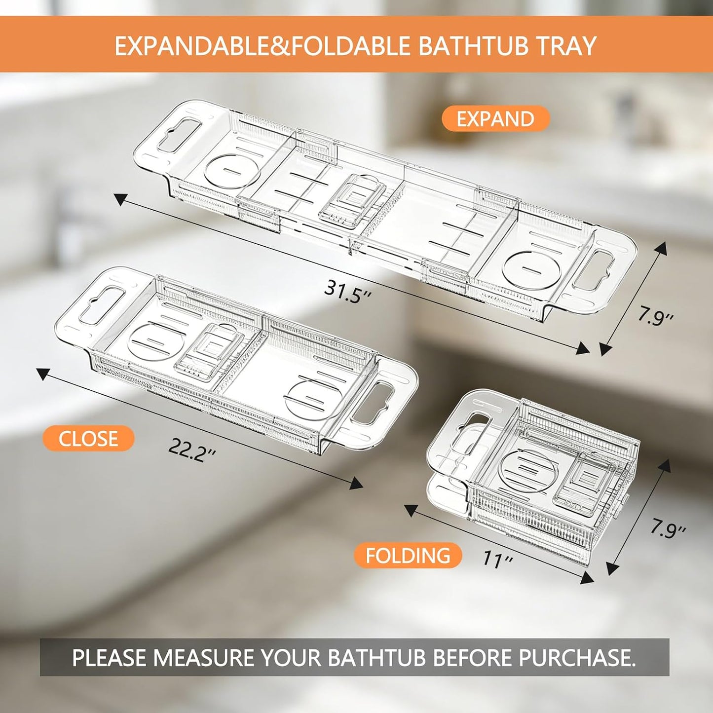 Expandable Bathtub Tray Caddy,Clear Acrylic Bath Tray for Tub,Bath Tub Table Tray with Book&Tablet&Phone Holder,Foldable Bath Shelf Over Tub,Bath Accessories&Bathtub Organizer for Luxury Home Spa