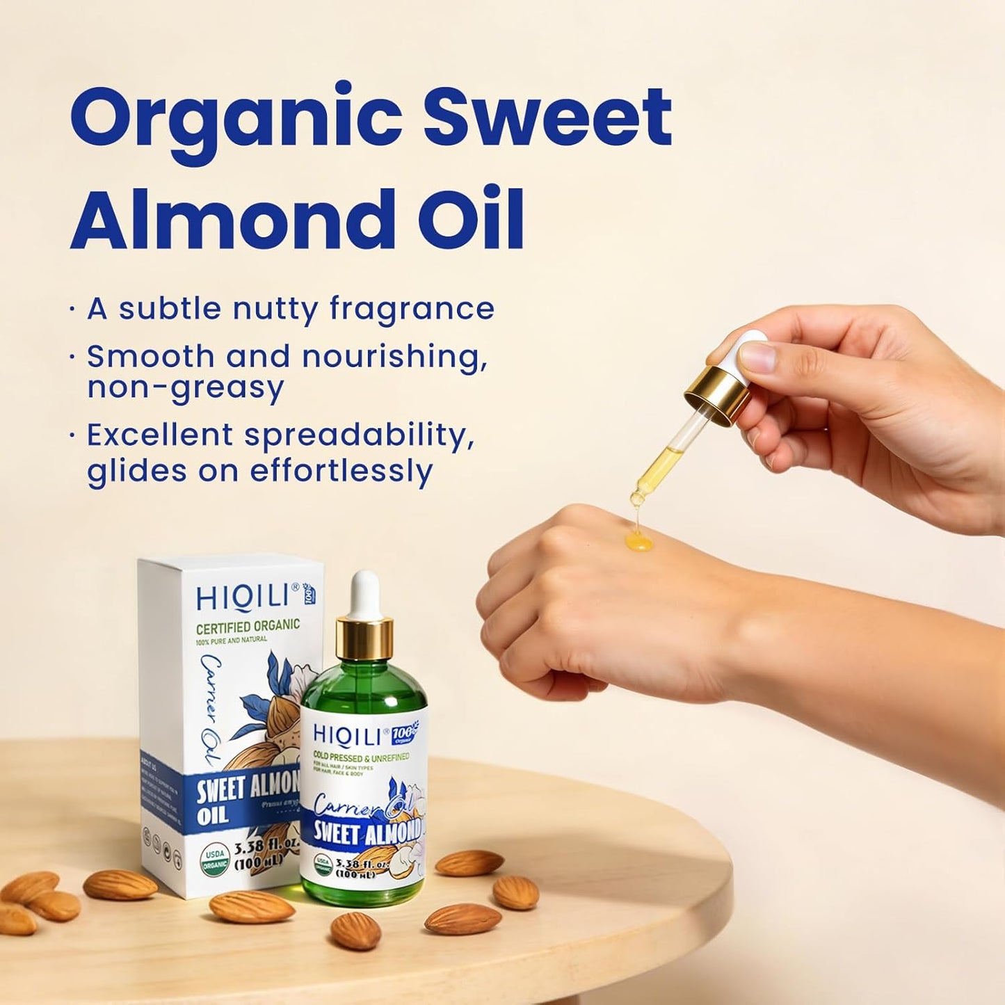 HIQILI Sweet Almond Oil, Skin, Hair Care, 100% Pure Organic Carrier Oil, Hexane Free, Unscented - 3.38 Fl Oz