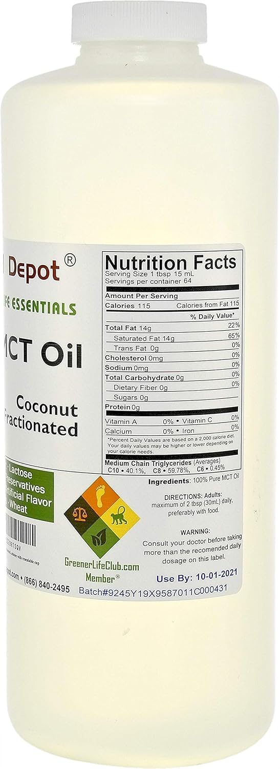 Coconut Oil - Fractionated - MCT (medium-chain triglycerides) - 1 Quart (32 oz) - liquid - Food Grade - Safety Sealed Resealable HDPE Container, Microwave Safe (remove foil seal), Freezer Safe