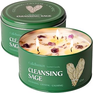 Sage Candle for Cleansing - 3 Wick 24 oz 2PC Soy Candle with Crystal and White Sage Crumbles, Organic Sage Candles Cleansing House Negative Energy