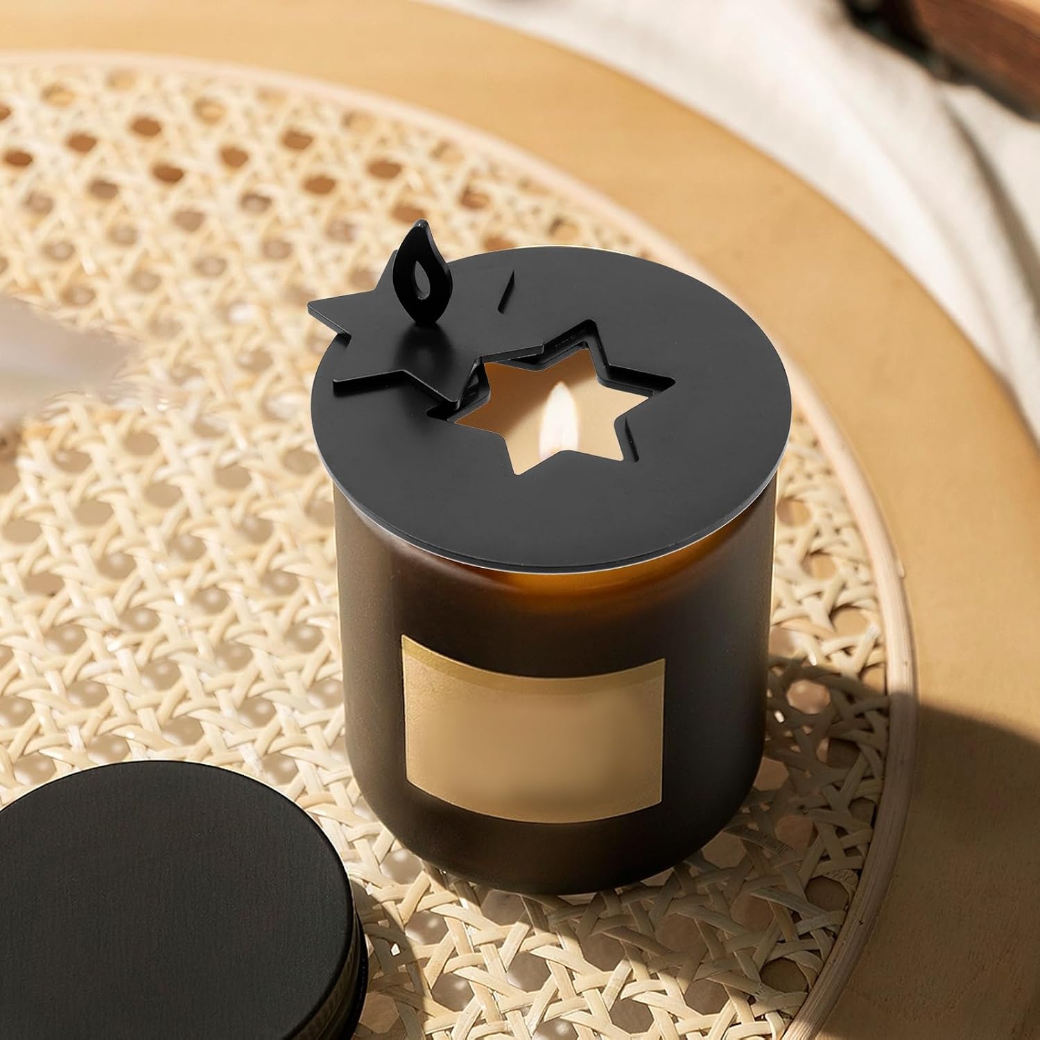 2pcs Black Candle Jar Topper Stainless Steel Star Candle Covers Prevent Touch 3.15" Round Scented Lid for Spa Meditation Yoga (Star)