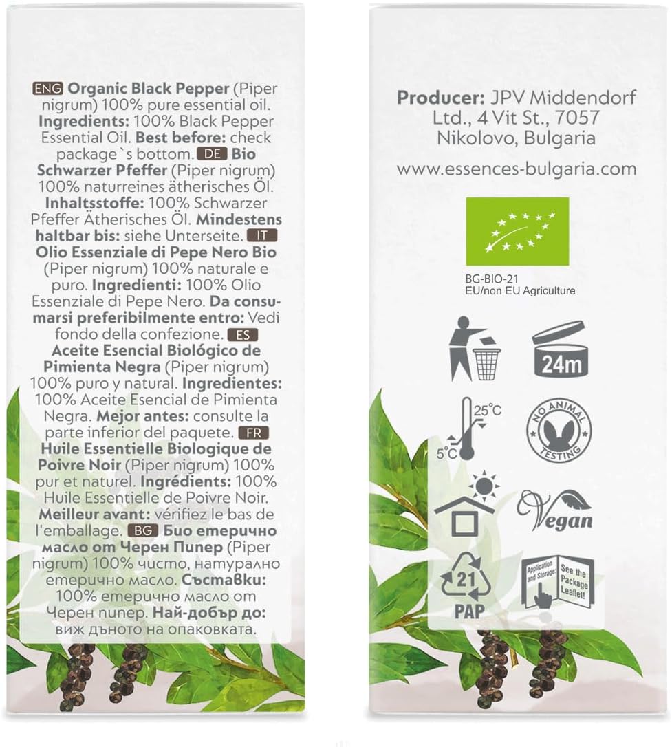 Essences Bulgaria Organic Black Pepper Essential Oil 0.51 Fl Oz | 15ml Piper nigrum - 100% Pure Natural Undiluted Therapeutic Grade for Aromatherapy Humidifier and Relaxing Massage to Ease Joint Ache