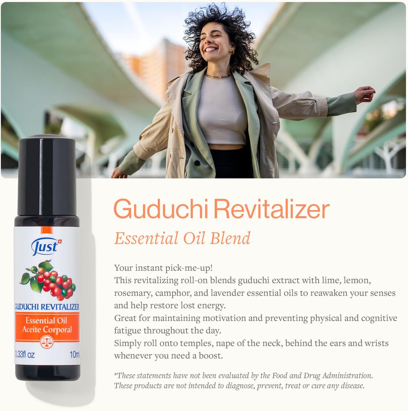 Guduchi Revitalizer Roll-On 10 ml Essential Oils by SwissJust. Guduchi Extract - with Lime, Lemon, Rosemary, Camphor, and Lavender - 10 ml