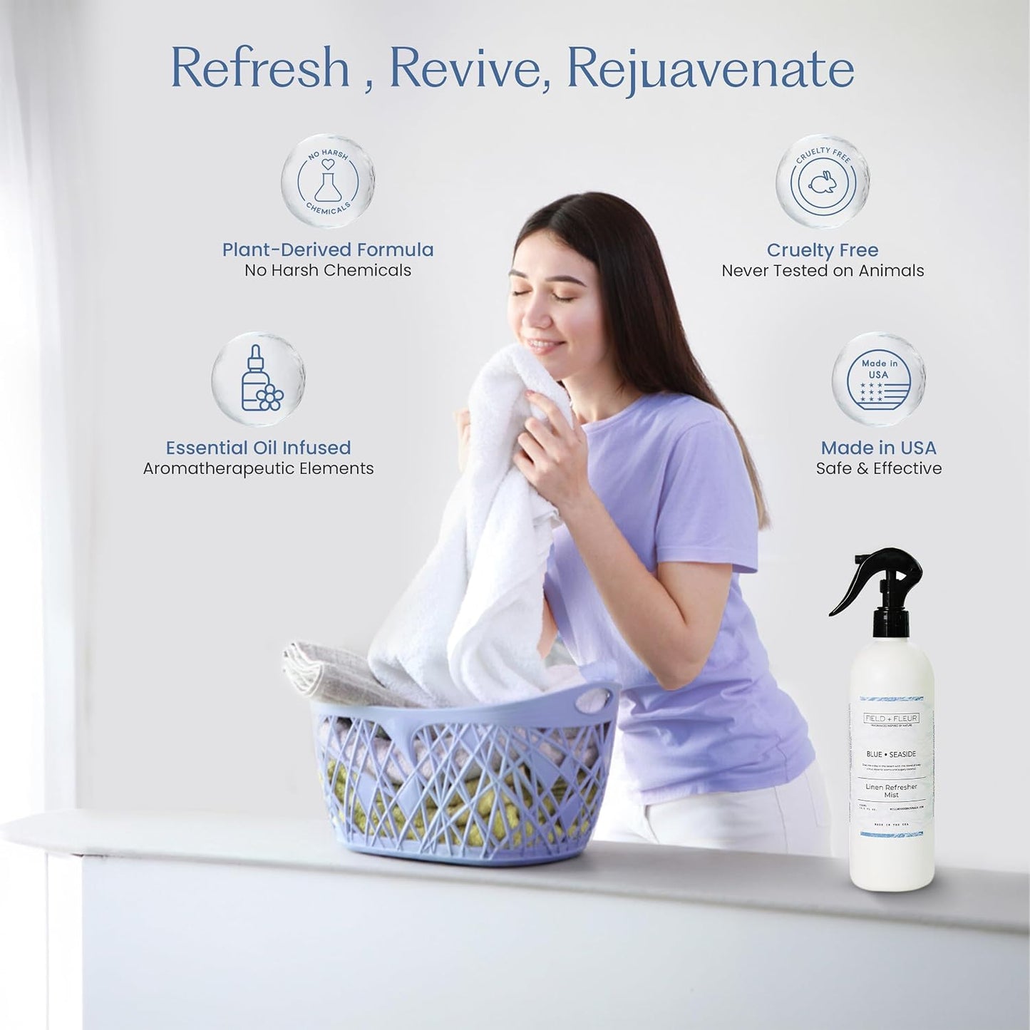 Field + Fleur - Linen Refresher Mist - Aromatic Spray for Fabrics - Refresh Bedding, Curtains & More - Notes of Citrus, Oceanic Breeze & Sugary Coconut -Made in the USA -Blue Seaside Scent -15.5 Fl Oz