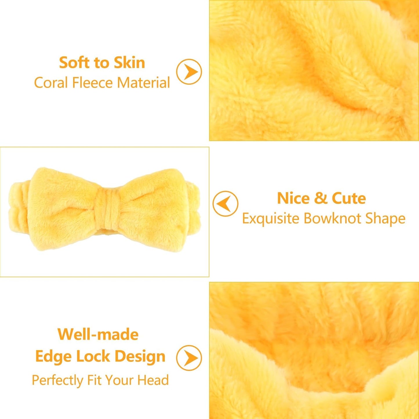 Ondder 8 PCS Yellow Bow Spa Headbands for Women, Soft Coral Fleece Non Slip Makeup Headbands for Face Washing Skincare Yoga