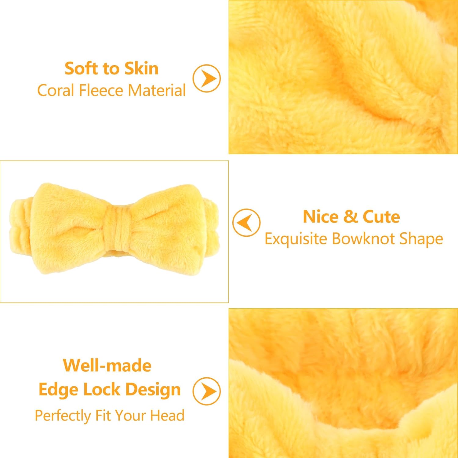 Ondder 8 PCS Yellow Bow Spa Headbands for Women, Soft Coral Fleece Non Slip Makeup Headbands for Face Washing Skincare Yoga