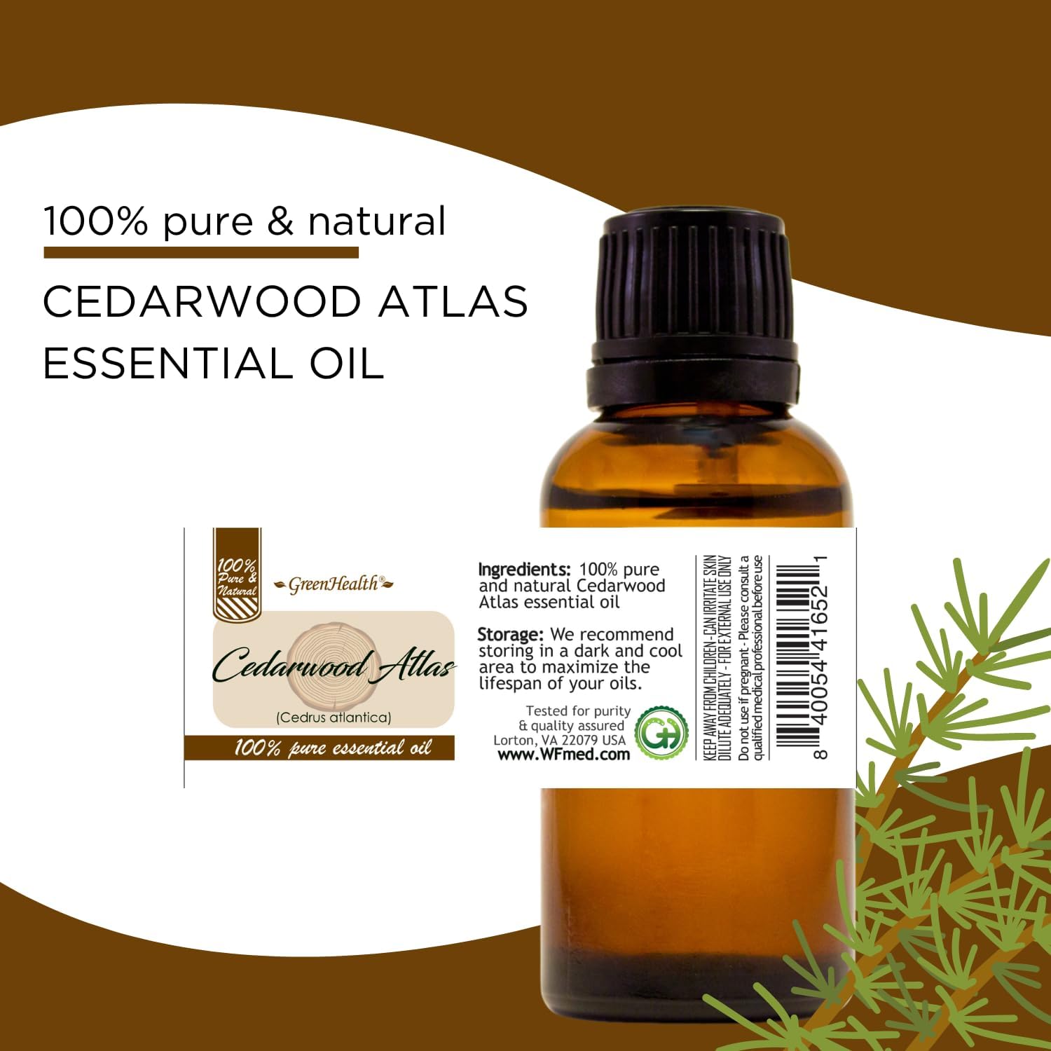 Cedarwood Atlas – 2 fl oz (59 ml) Glass Bottle w/Glass Dropper – 100% Pure Essential Oil – GreenHealth
