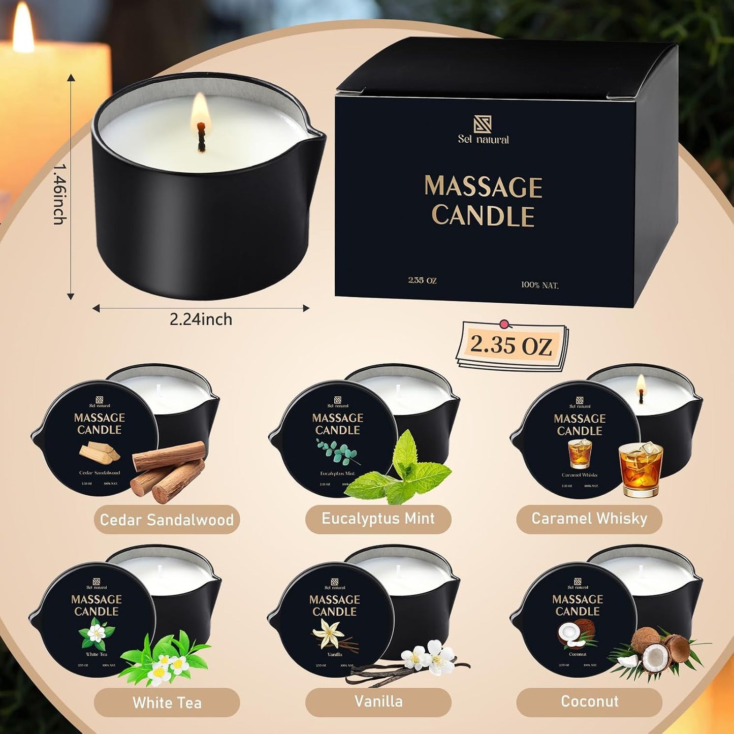 6 Pack Massage Oil Candles 2.35 oz Low Temp Soy Massage Candles 6 Scent Spa Therapy Body Oil Home Valentine's Day Gift for Relaxation, Couples, or Self-Care