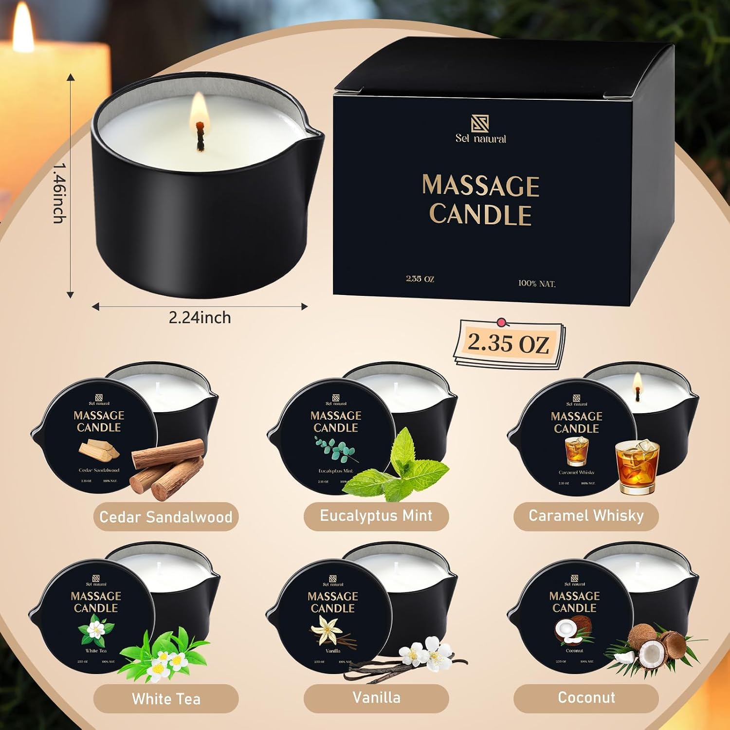 6 Pack Massage Oil Candles 2.35 oz Low Temp Soy Massage Candles 6 Scent Spa Therapy Body Oil Home Valentine's Day Gift for Relaxation, Couples, or Self-Care
