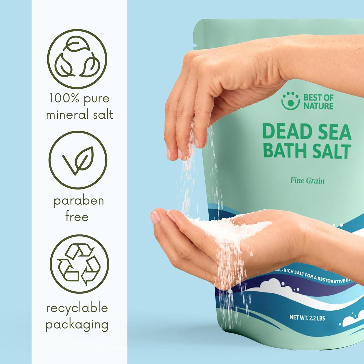 Best of Nature Dead Sea Salt 2.2 lb Fine Grain Bath Soak Salt, Mineral-Rich Crystals, Resealable Bag, Made in the USA