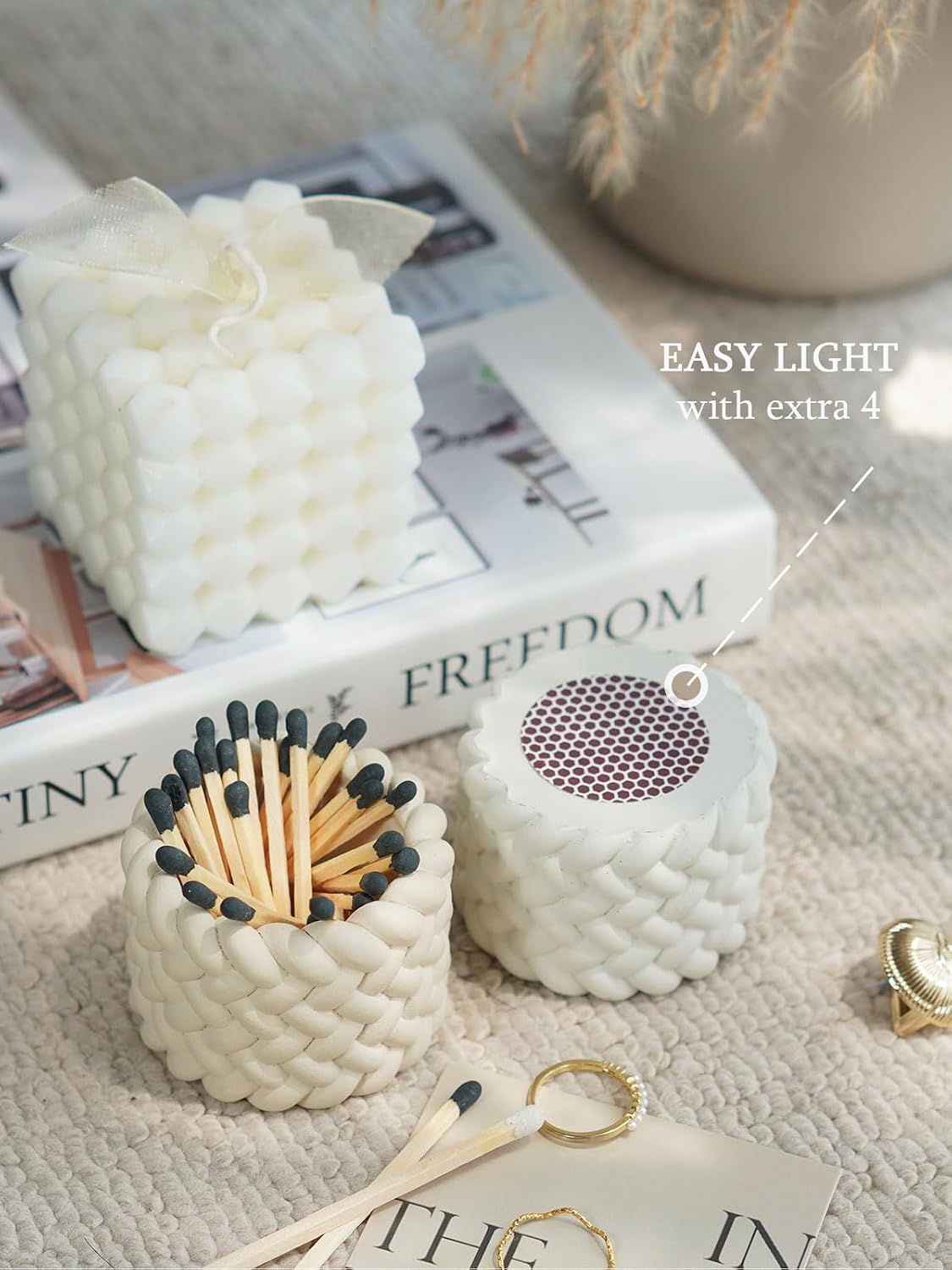 Concrete Match Holder with Striker Set of 2-Elegant Decorative Match in Jar-for Cute/Fancy/Mini Candle Matches,Refresh Any Modern Home Decor with Premium Jar Set 2（No Matches）