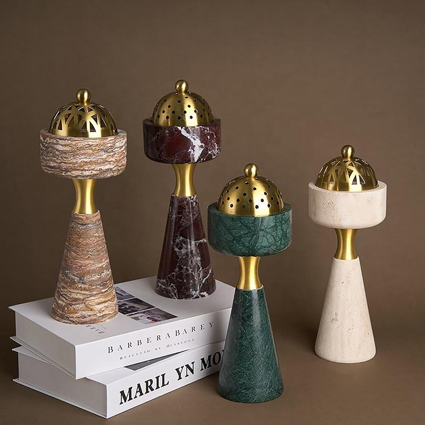Marble Incense Burner with Brass Cover, 11 x 3.8 inches, Multi-Purpose Holder for Cones, Coils and Sticks (White)