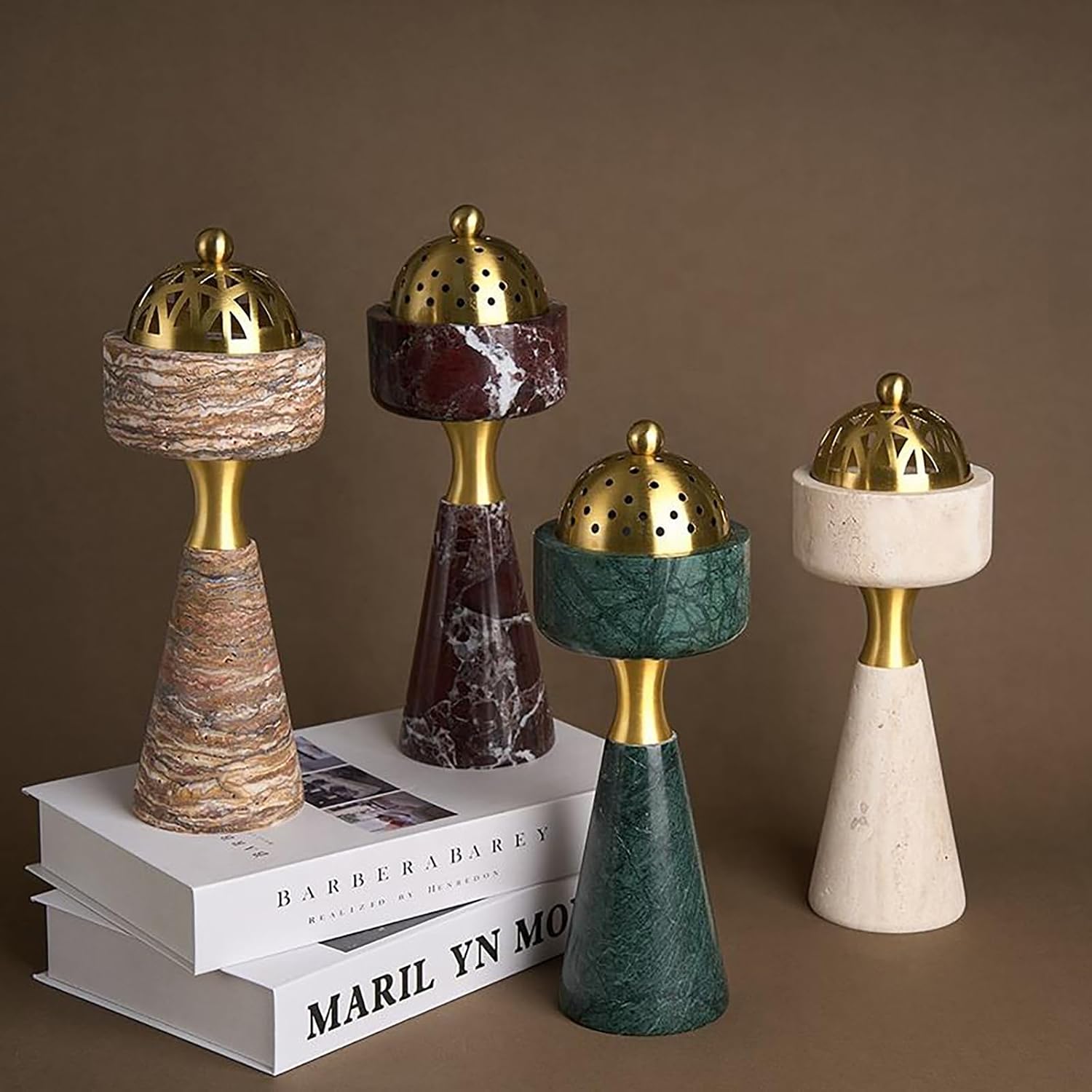 Marble Incense Burner with Brass Cover, 11 x 3.8 inches, Multi-Purpose Holder for Cones, Coils and Sticks (White)