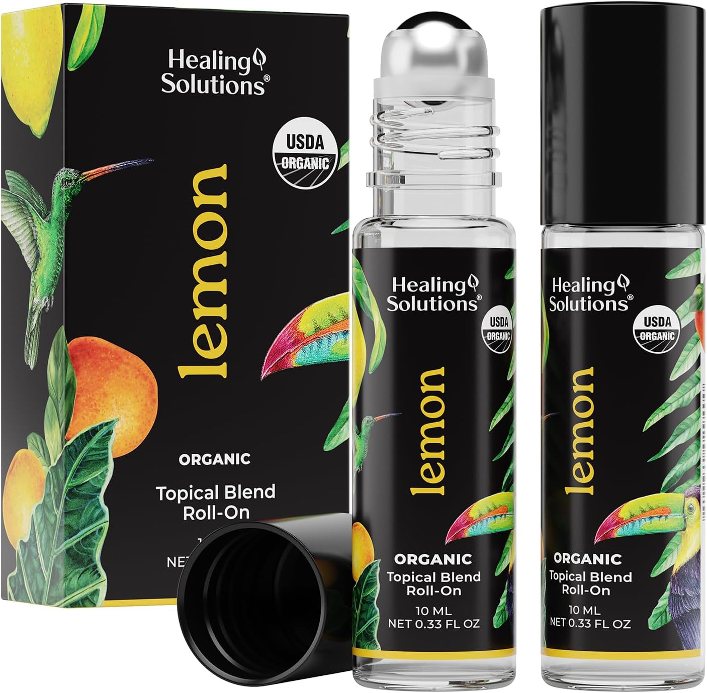 Healing Solutions - (2 Pack) Lemon Essential Oil Organic Roll On Set USDA Certified Perfume, Skin, Face, Body
