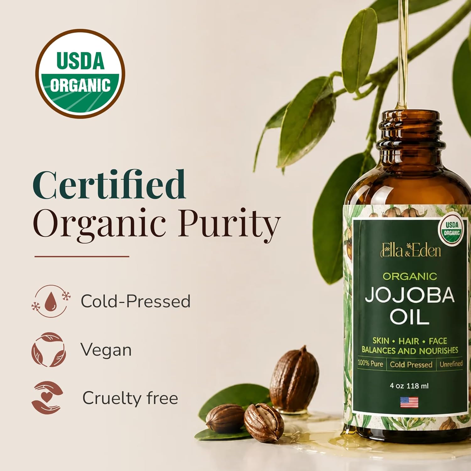 Ella & Eden Organic Jojoba Oil – USDA Certified, Cold-Pressed, 100% Pure & Unrefined, Hexane-Free Oil for Face, Skin, Hair & Nails – 4 Fl Oz Glass Bottle