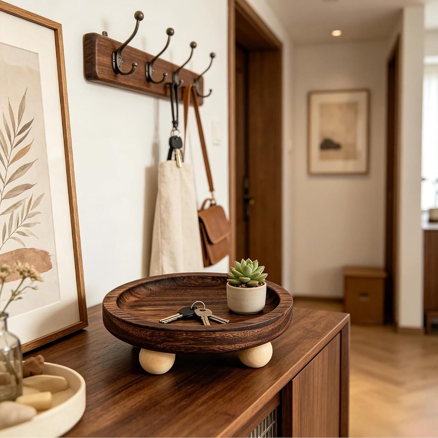 Round Wooden Jewelry Tray with Elevated Ball Feet, Rustic Trinket Ring Dish for Vanity, Keys Candles Small Decor Storage Organizer (Brown-Round)