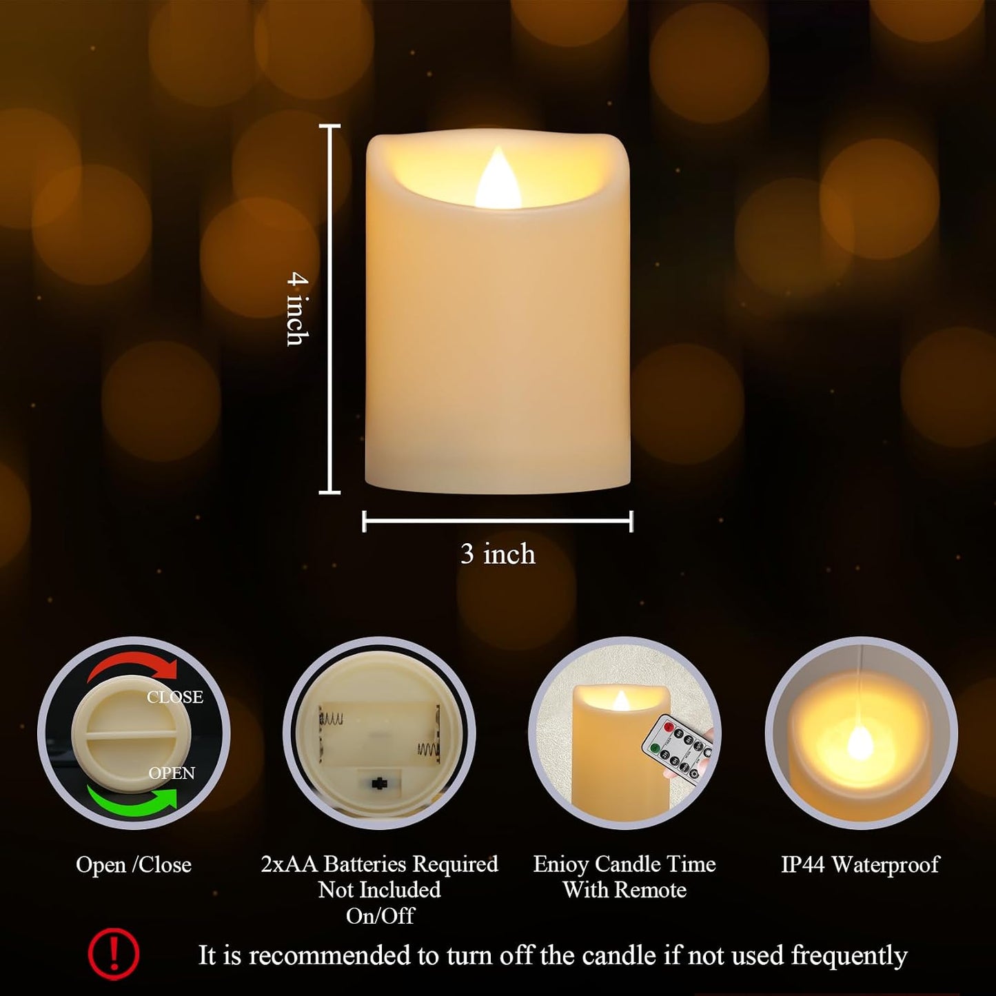 2 Pack 3" x 4" Outdoor Candles with Remote, Flickering Battery Operated LED Pillar Candles, Waterproof Flameless Candles for Home, Wedding Decor, Ivory, Plastic, Won't Melt